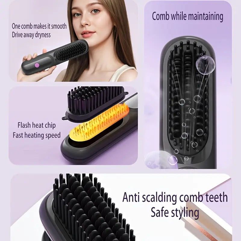 Portable cordless mini hair straightening comb